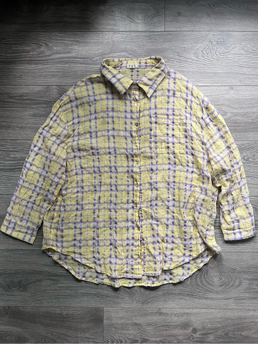 Pol Yellow Purple Lightweight 100% Cotton Oversized Crinkle Button Down Shirt S